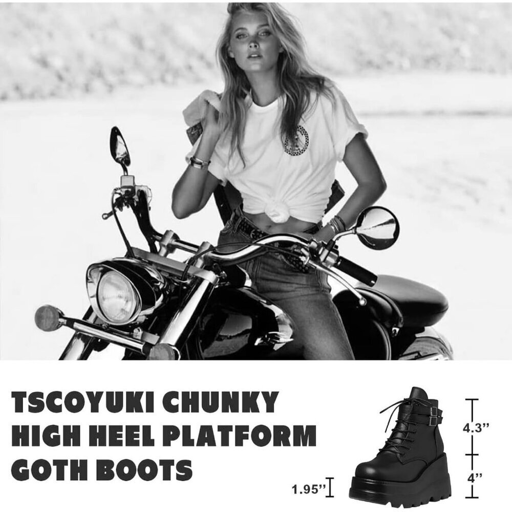 Women Synthetic 4-Black Chunky High Heel Lace Up Motorcycle Combat Boots - Picture 2 of 7